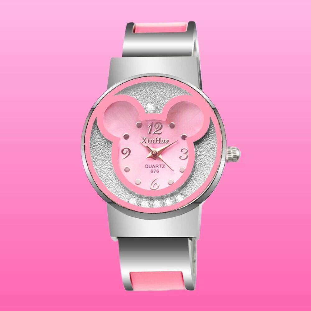 Girls Pink Character Bangle Quartz Stainless Steel Wristwatch